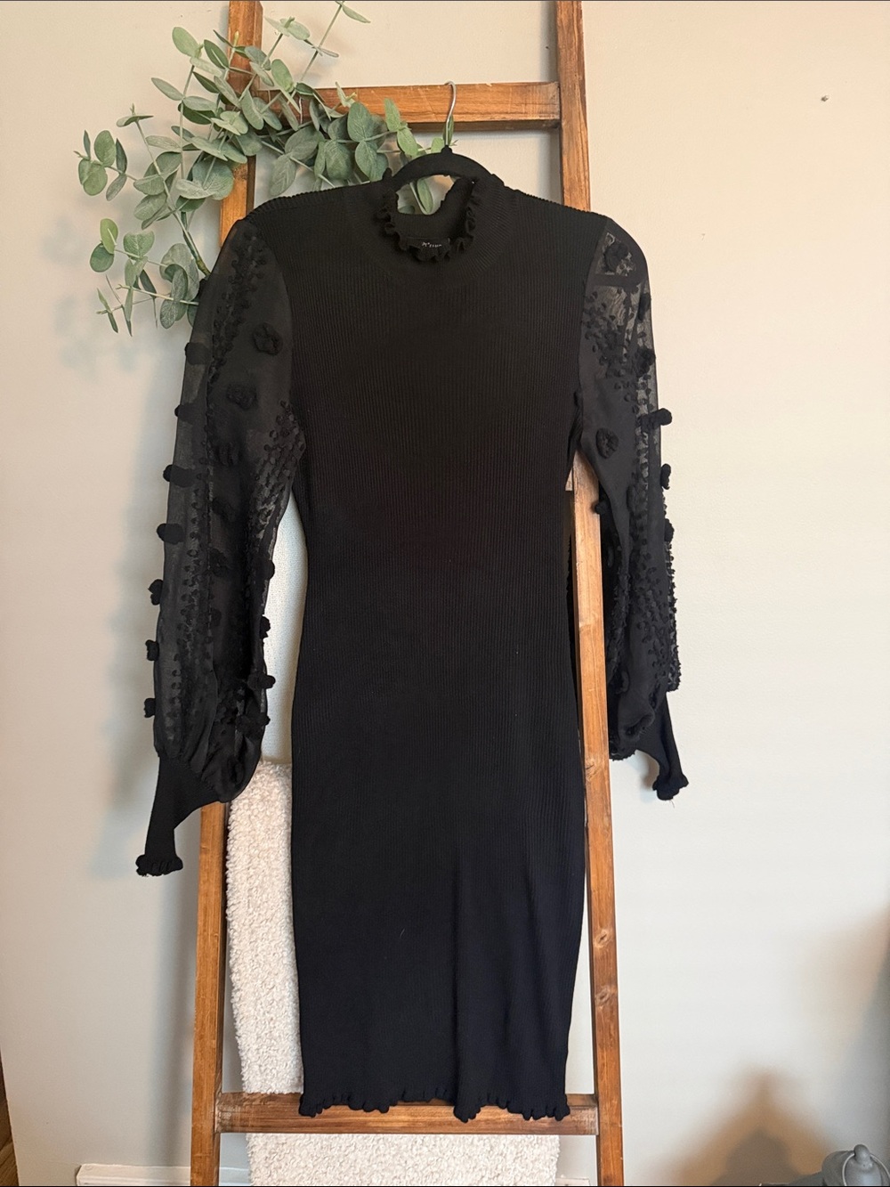 Almost Famous Black Long Sleeve Textured Sheer Sleeve Fine Gauge Sweater Dress